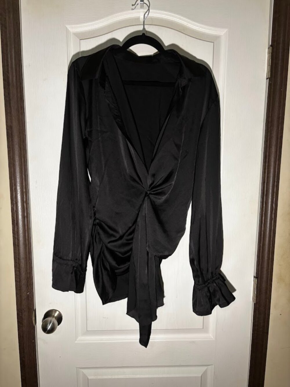 Black Satin Plunge Drape Wrap Top Ruffle Cuff Size L